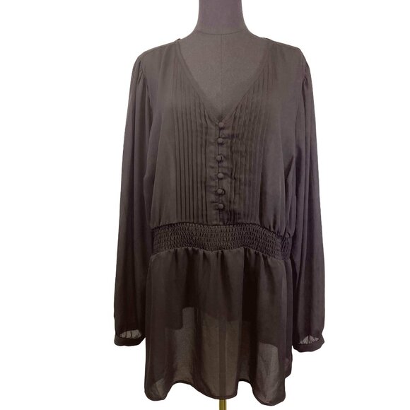 Torrid Button-Front Pleated Blouse Size 3X Sheer Smocked Waist Witchy Goth - Picture 1 of 10